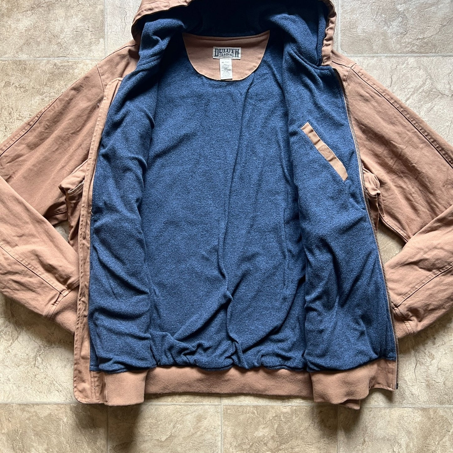 Duluth Trading Mens Canvas Work Jacket Size XL Tall Brown Fleece Lining Hooded