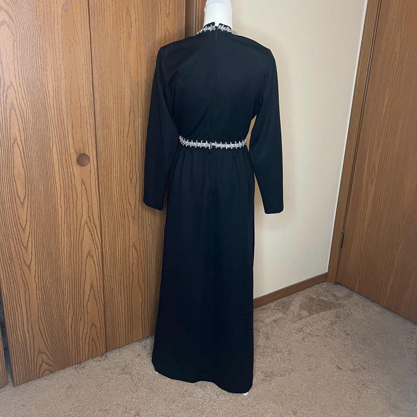 Vintage 70s Womens Black Maxi Dress Embellished Tinsel Empire Waist Witchy Whimsigoth