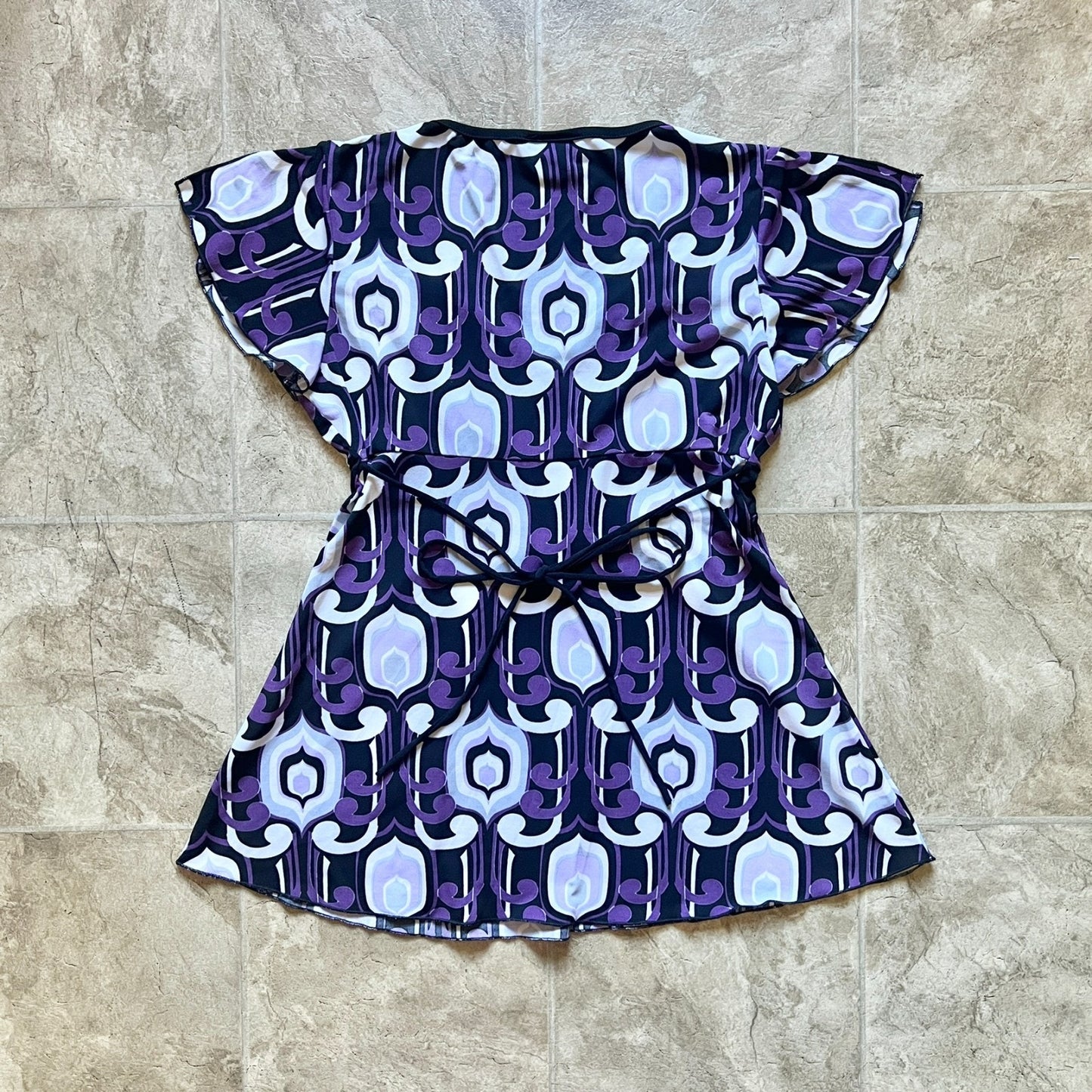 Vintage Y2K A. Byer Womens Babydoll Top Size L Black Purple Geometric Pattern Slinky Tie Back