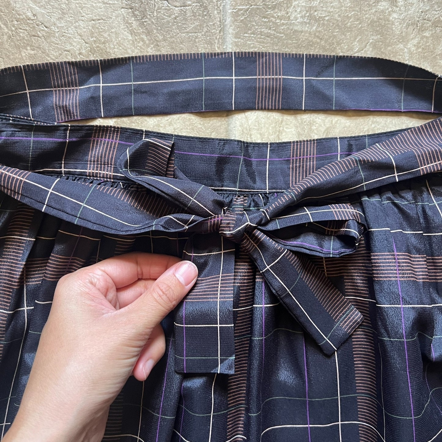 Vintage 90s Breckenridge Womens Plaid Midi Skirt Black Brown Pleated Tie Dark Academia