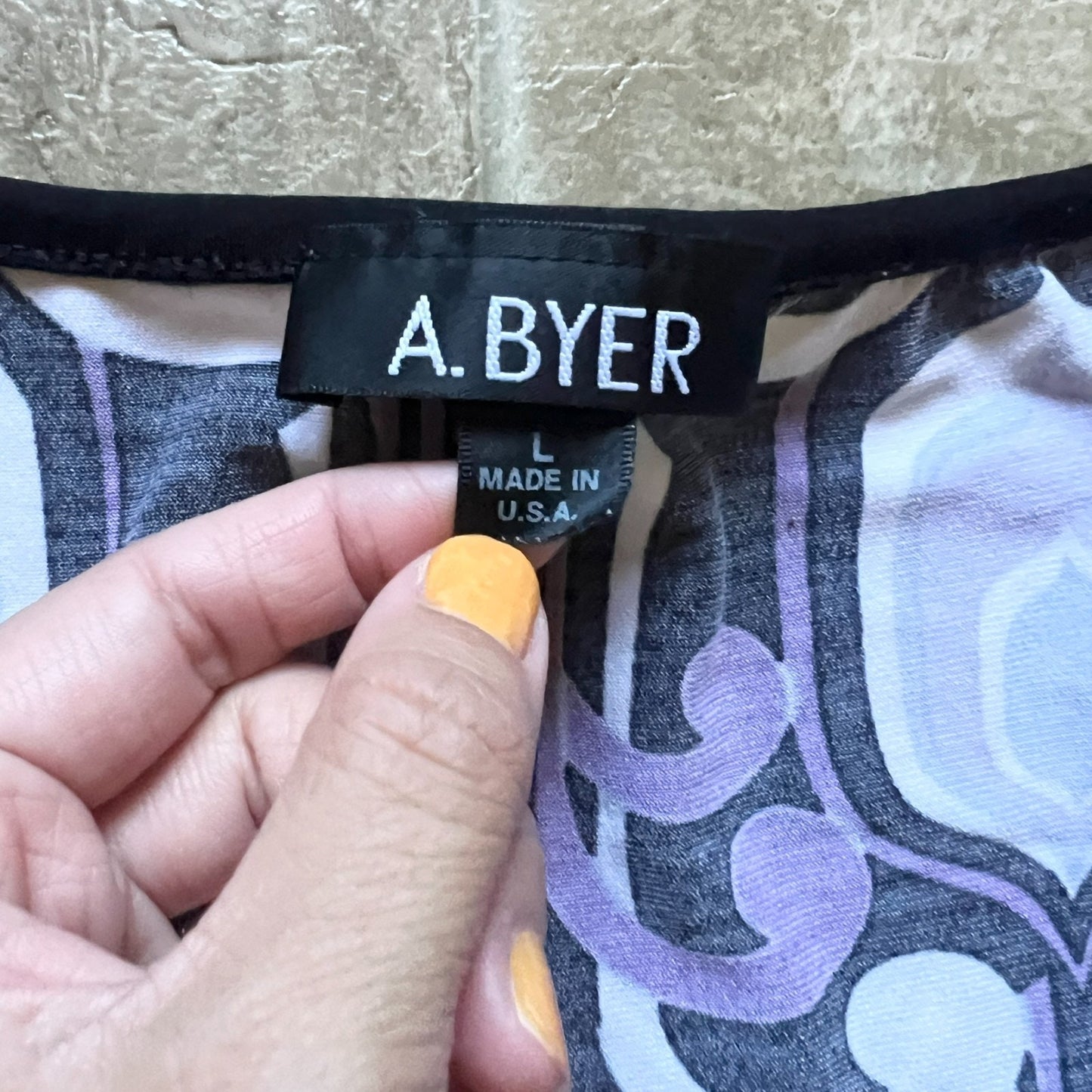 Vintage Y2K A. Byer Womens Babydoll Top Size L Black Purple Geometric Pattern Slinky Tie Back