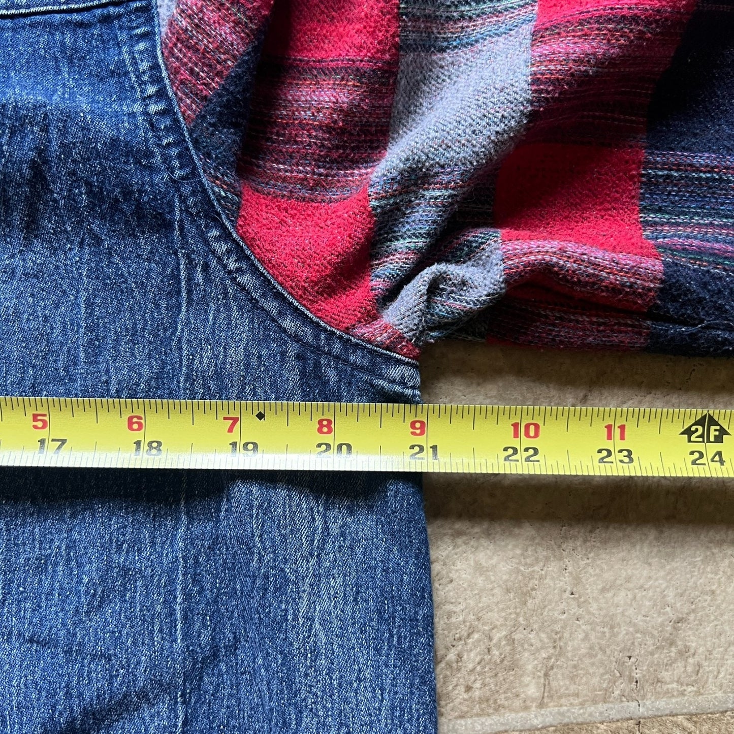Womens Denim Flannel Shirt Red Blue Plaid Cabincore Camping Autumn