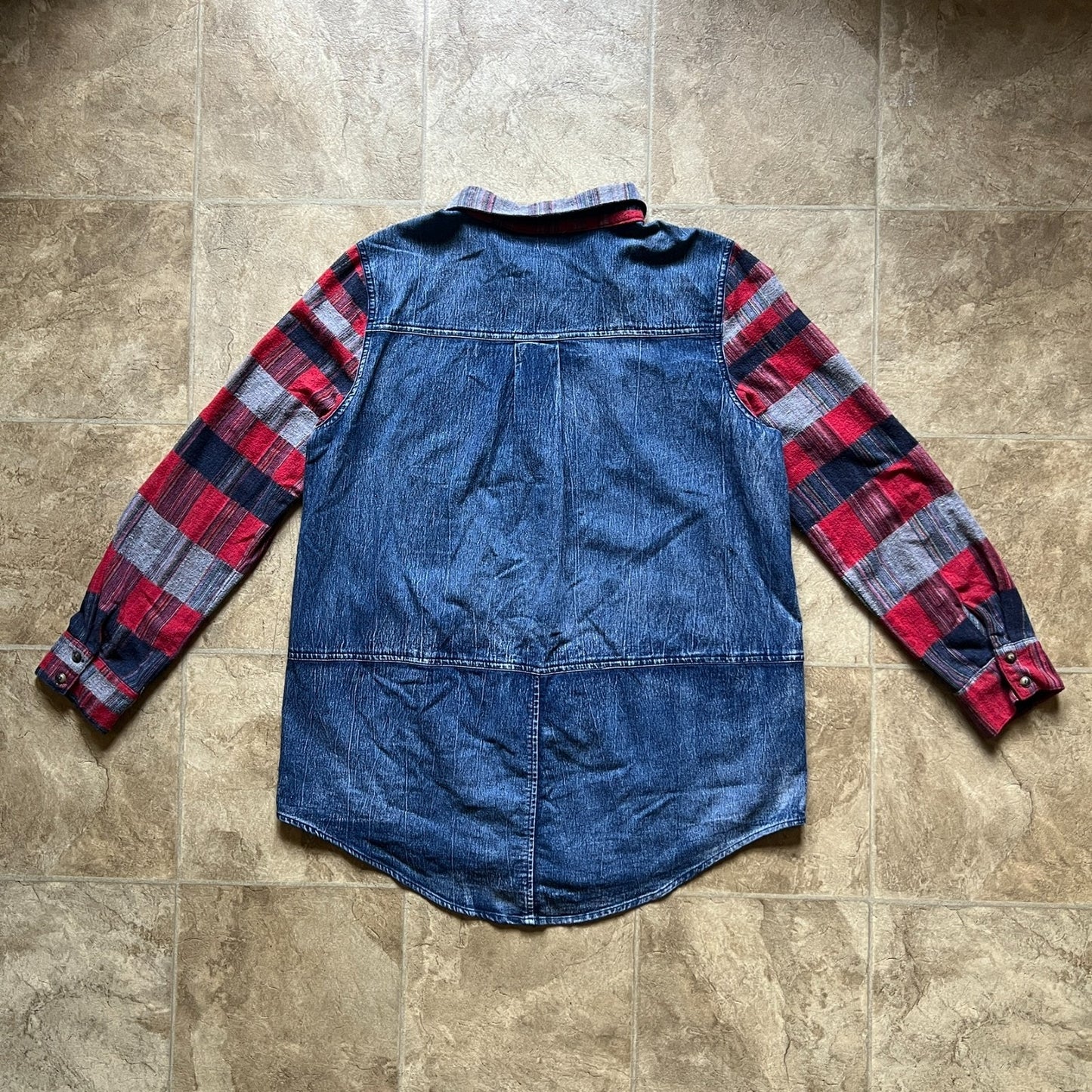 Womens Denim Flannel Shirt Red Blue Plaid Cabincore Camping Autumn