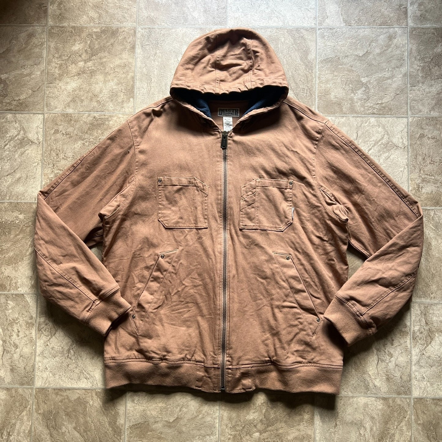 Duluth Trading Mens Canvas Work Jacket Size XL Tall Brown Fleece Lining Hooded