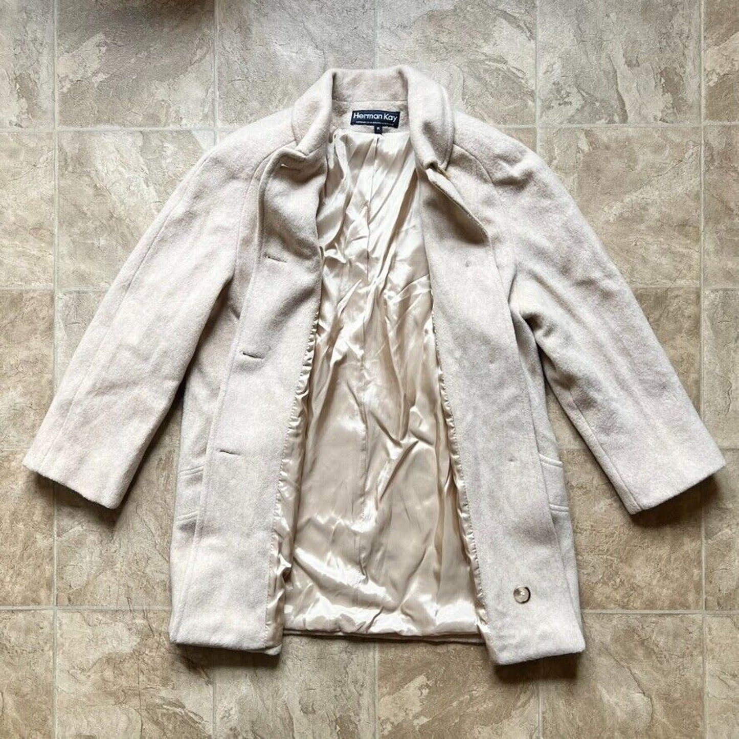 Vintage Herman Kay Womens Wool Blend Trench Coat M Beige Cream
