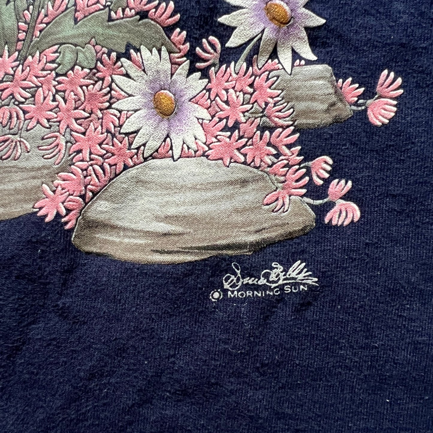 Vintage 90s Morning Sun Womens T-Shirt Mouse Floral Graphic Print Navy Double Collar