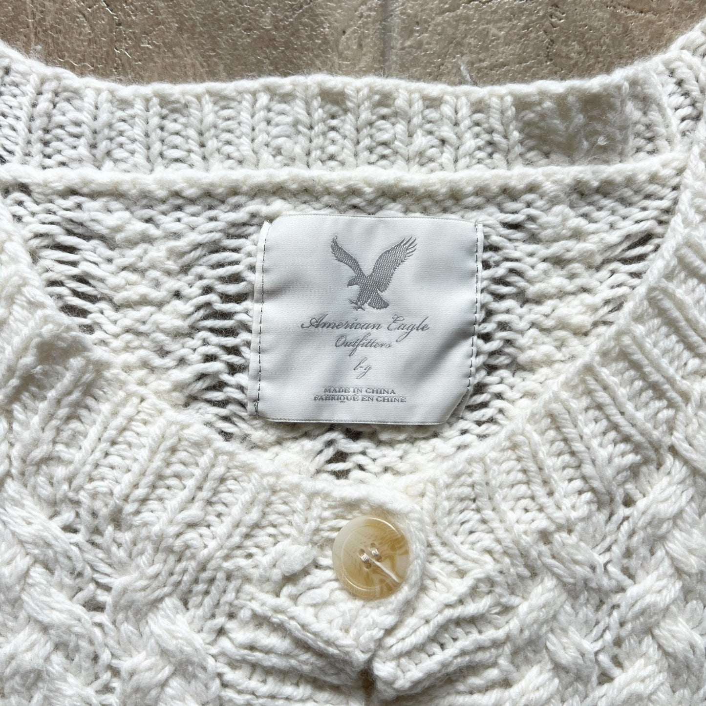 American Eagle Womens Cable Knit Sweater Cardian Size L Chunky Cream