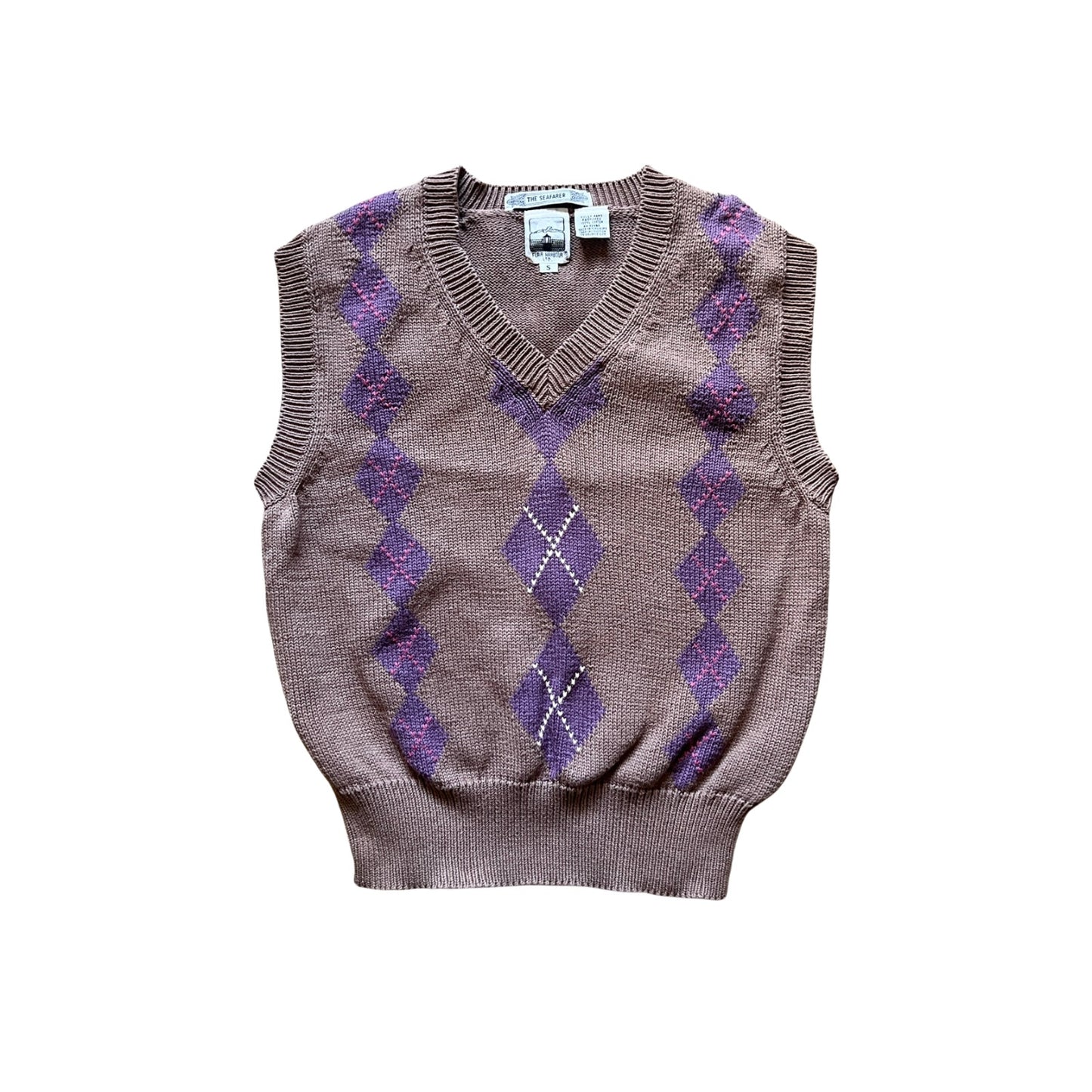 Vintage 90s Flair Harbour Womens Sweater Vest Size S Brown Purple Argyle Preppy Academia