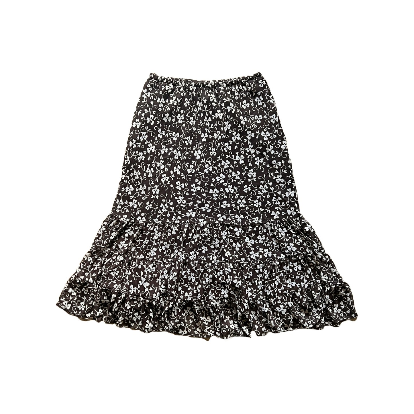 Womens Midi Skirt Size 8 Chocolate Brown Clover Leaf Pattern Flowy