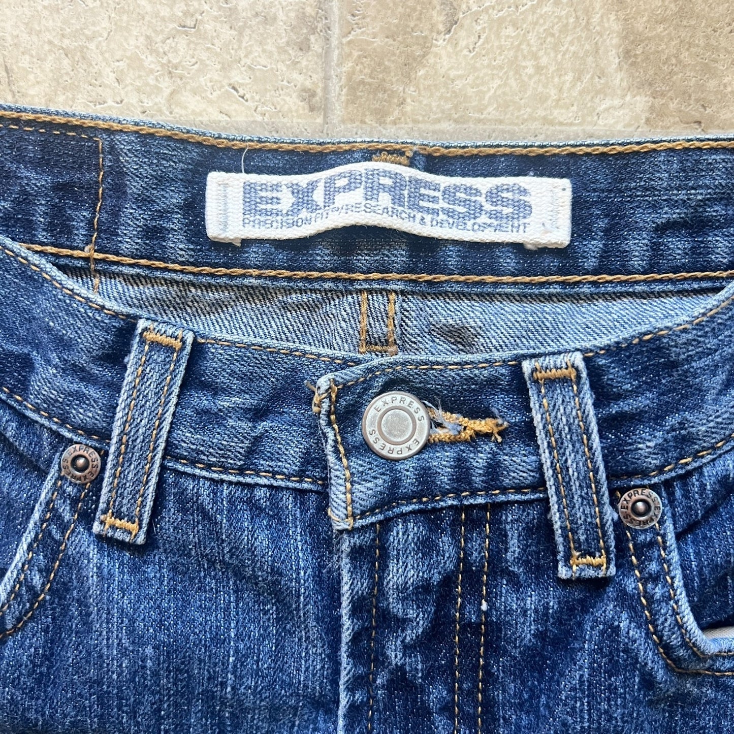Vintage 90s Express Womens Low Rise Flare Jeans Size 5/6 Dark Wash Boho Festival