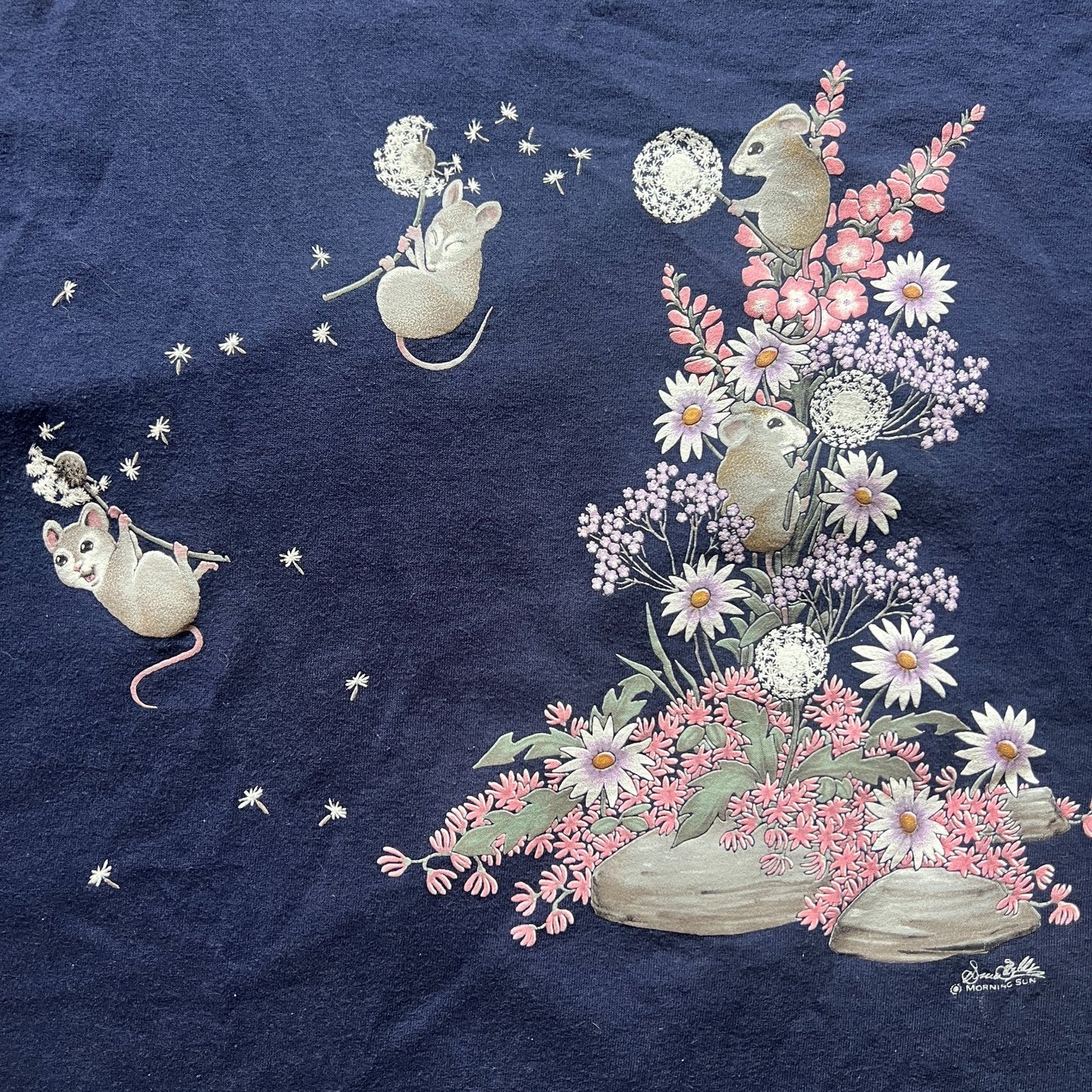 Vintage 90s Morning Sun Womens T-Shirt Mouse Floral Graphic Print Navy Double Collar