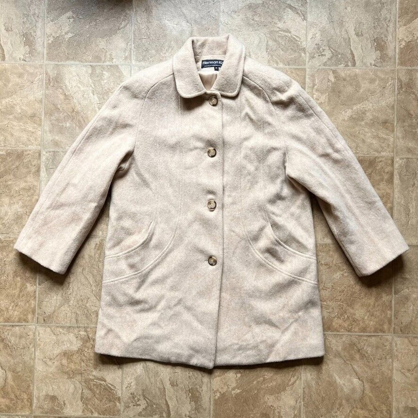 Vintage Herman Kay Womens Wool Blend Trench Coat M Beige Cream