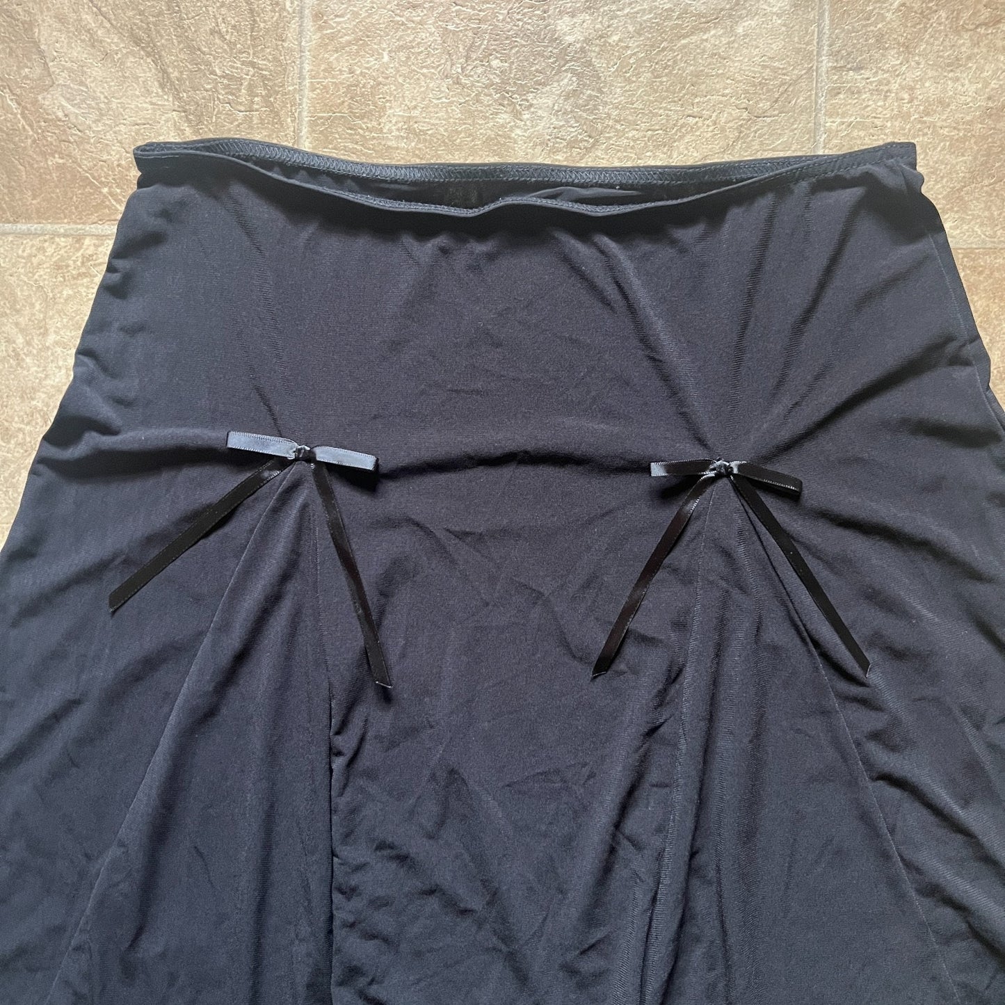 Vintage Y2K A. Byer Womens Asymmetric Midi Skirt Size M Black Slinky Stretchy Ribbon Bow Witchy Fairy Goth