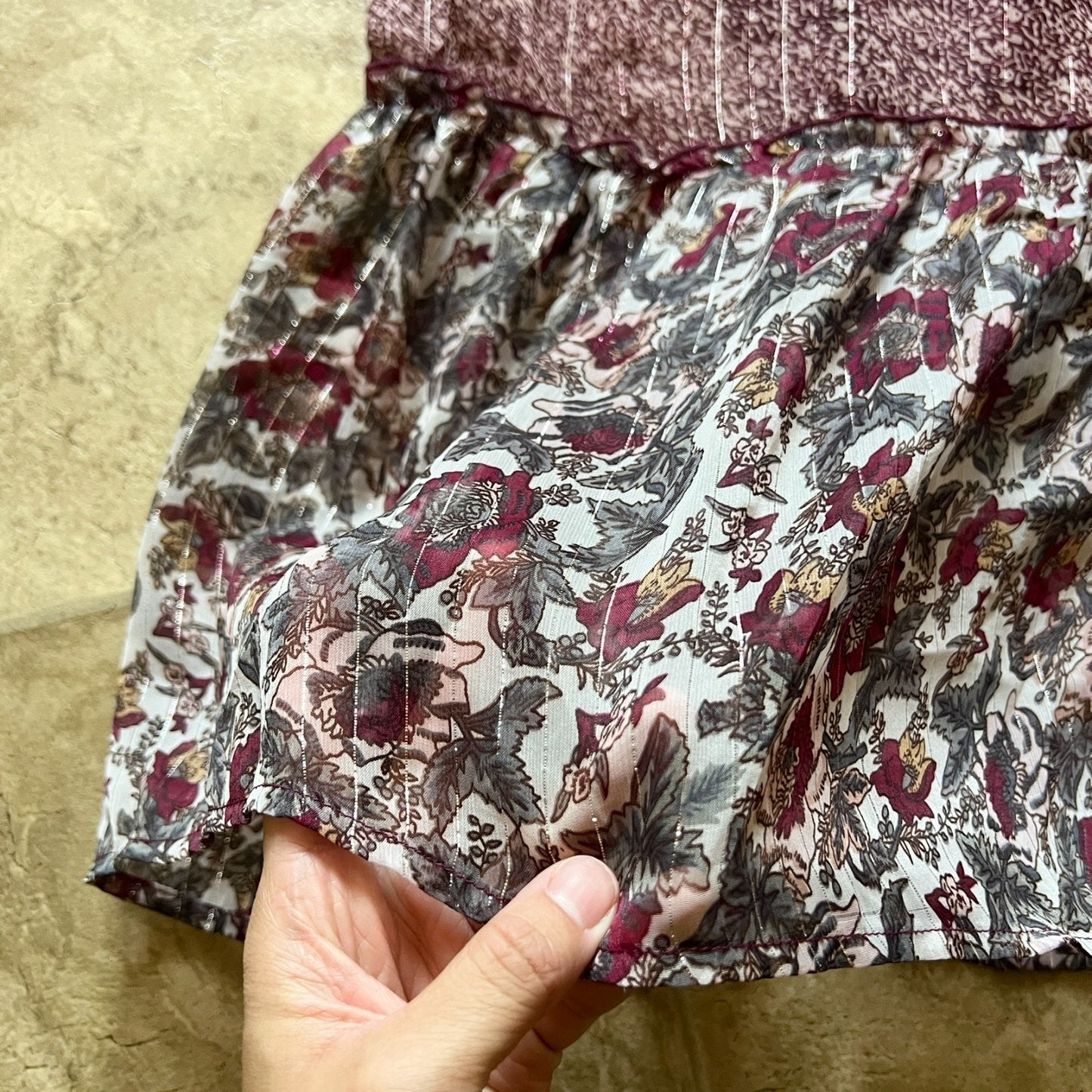 Sweet Magna Womens Maxi Dress Burgundy Purple Paisley Mixed Pattern Smocked