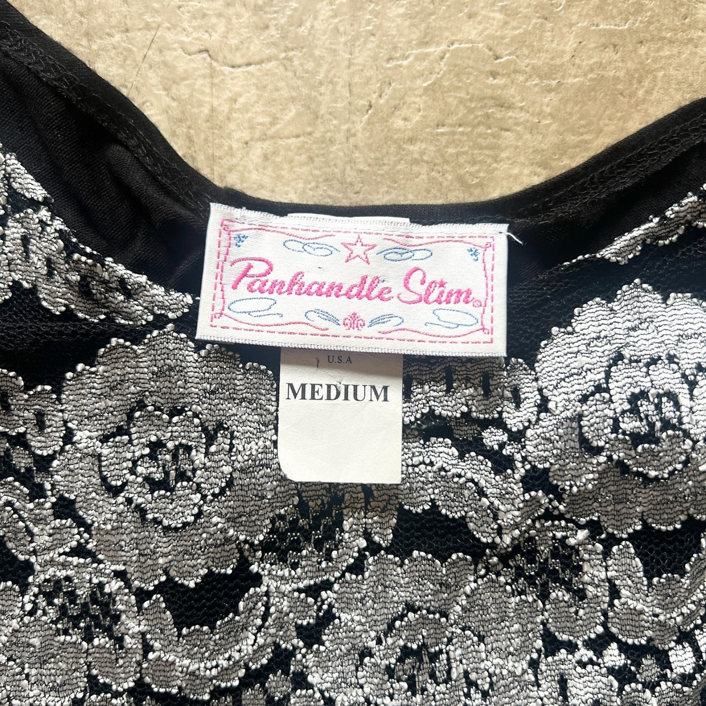 Vtg Y2K Panhandle Slim Top M Black Silver Floral