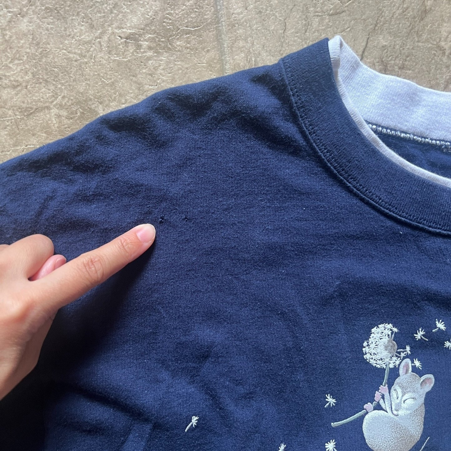 Vintage 90s Morning Sun Womens T-Shirt Mouse Floral Graphic Print Navy Double Collar
