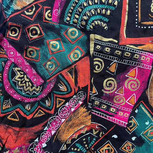 Vintage 80s Caliche Collection Womens Collared Top Size 24W Black Multicolor Abstract Pattern