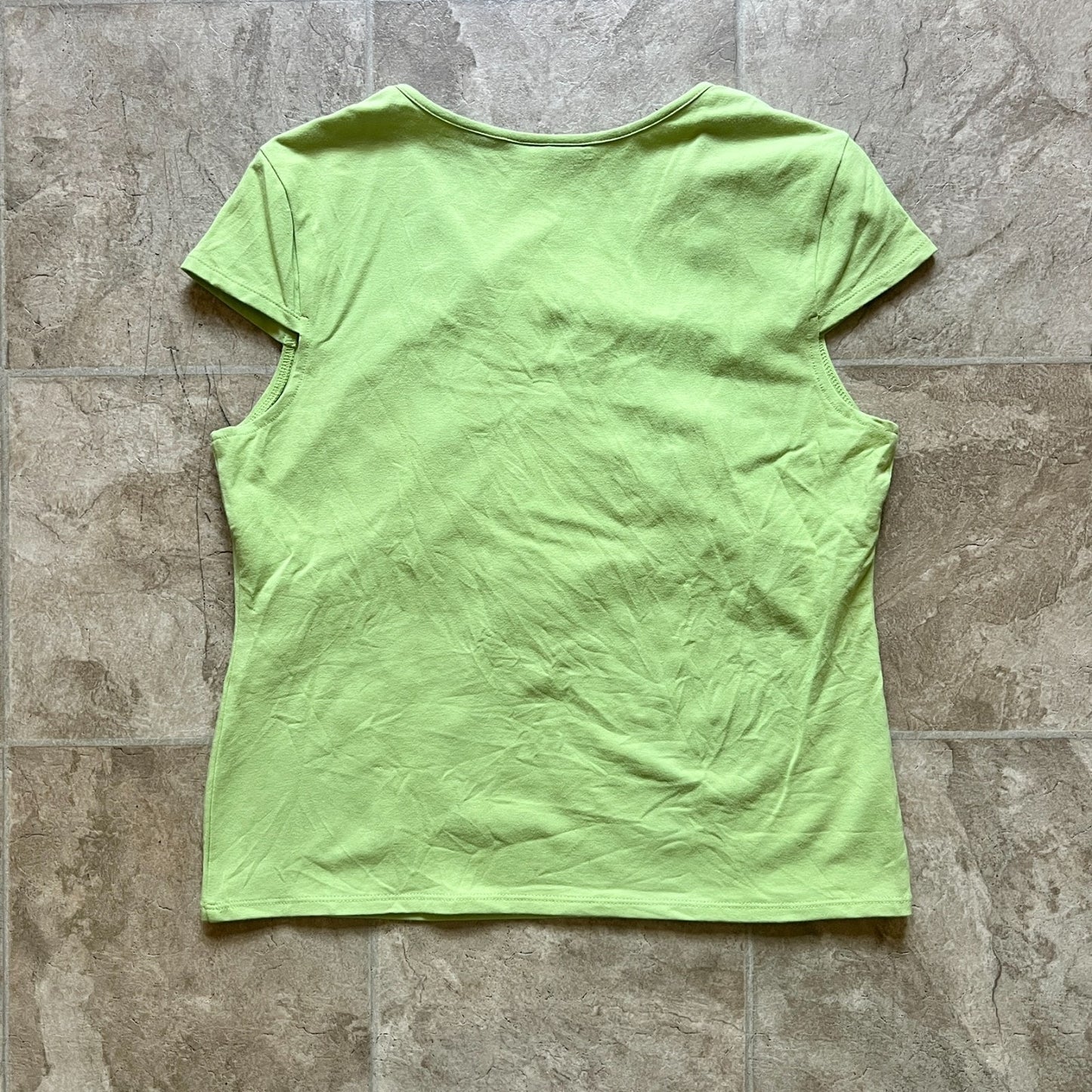 Vintage Y2K Apostrophe Womens Chartreuse Green Top Size LP Ruched Circle Ring