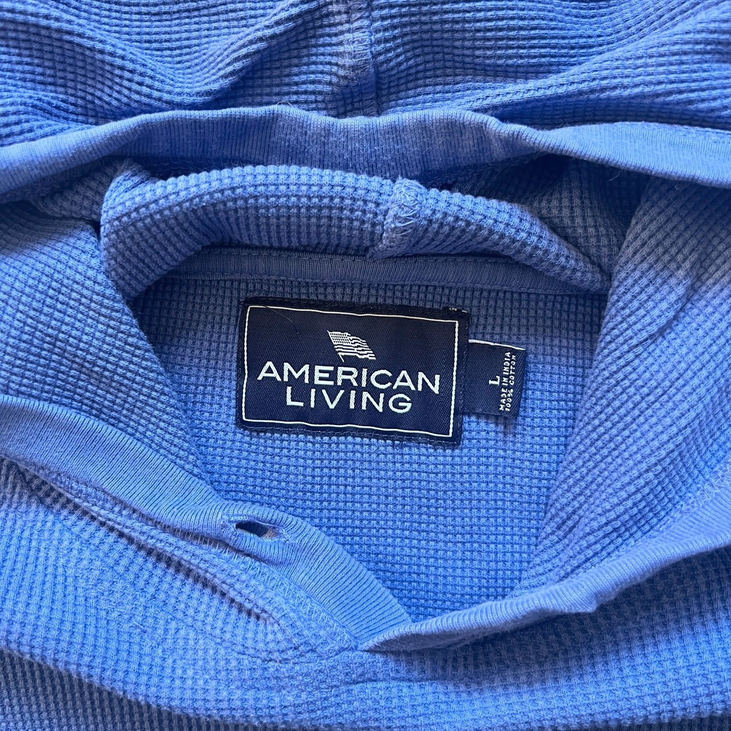 American Living Mens Waffle Knit Hooded Sweatshirt Size L Cornflower Blue Skater Classic