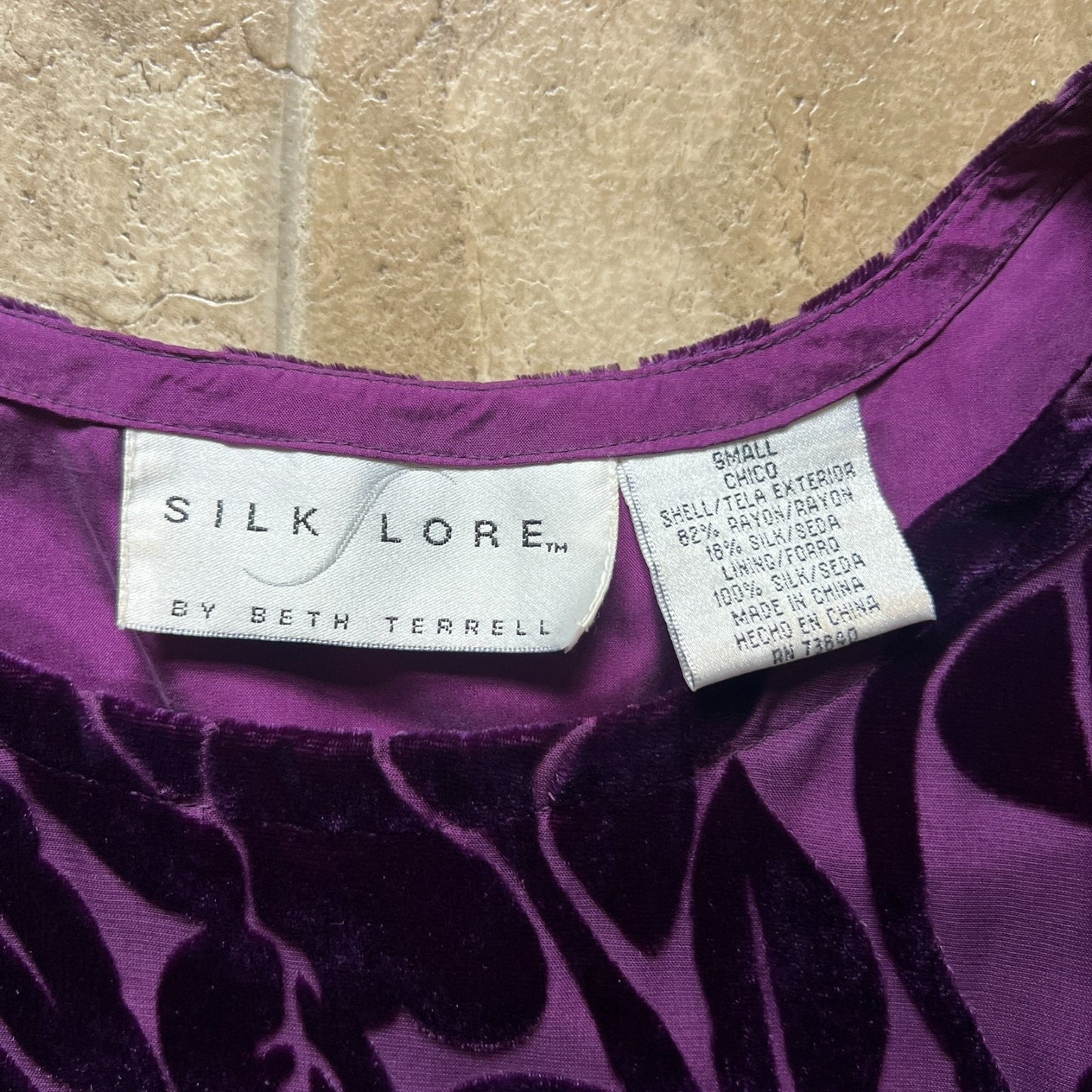 Silk Lore by Beth Terrell Womens Silk Top Size S Purple Velvet Burnout Floral