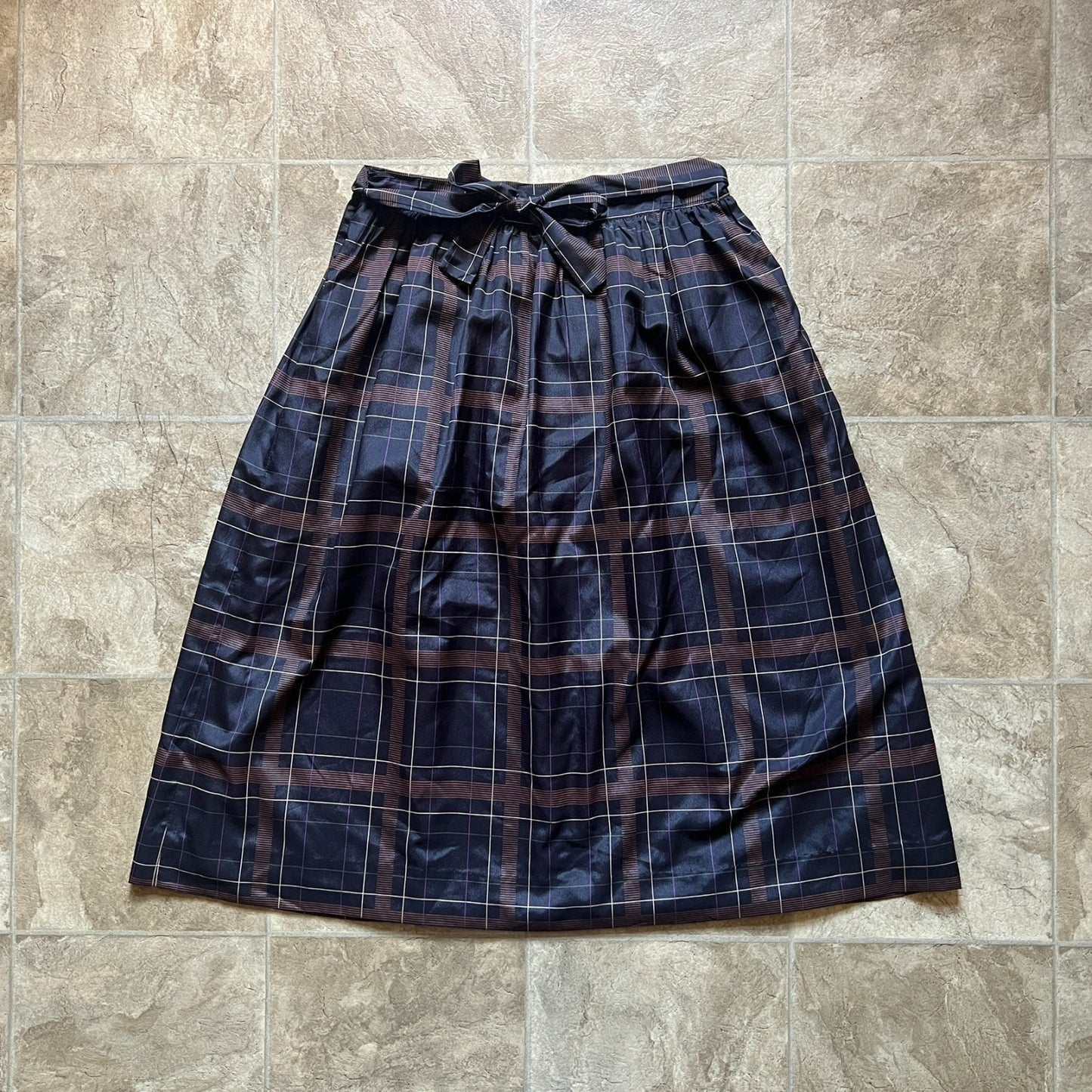 Vintage 90s Breckenridge Womens Plaid Midi Skirt Black Brown Pleated Tie Dark Academia