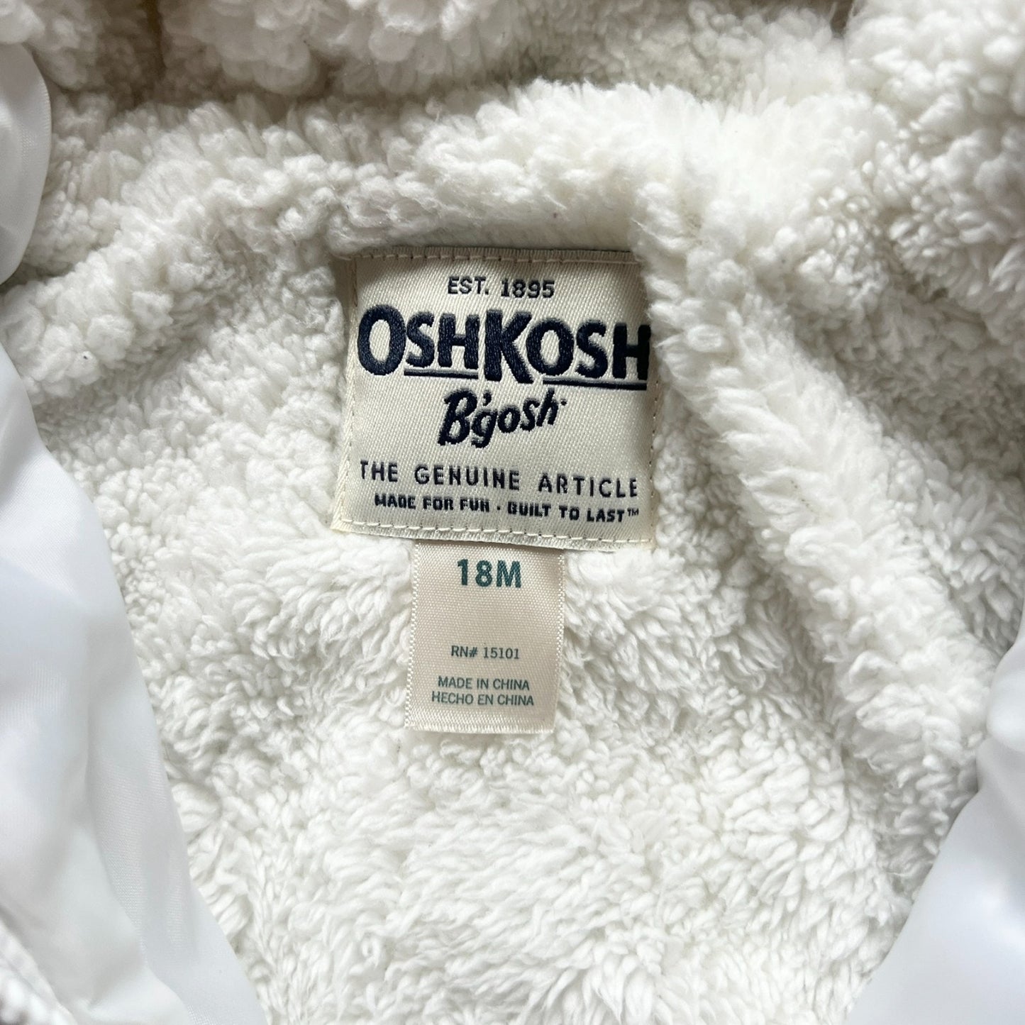 OshKosh B'Gosh Baby Toddler Puffer Snowsuit Size 18M White Sherpa Lined Hooded
