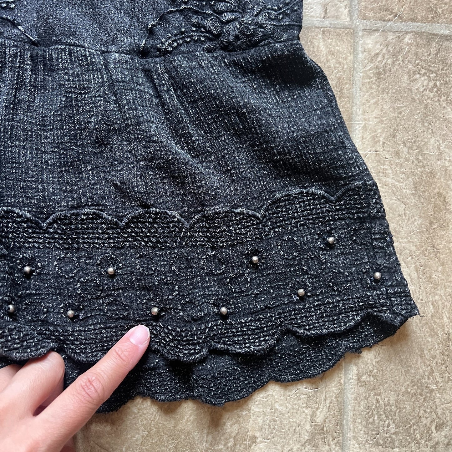 Lucky Brand Womens Beaded Embroidered Tank Top Size XS Black Tassle Tie Front