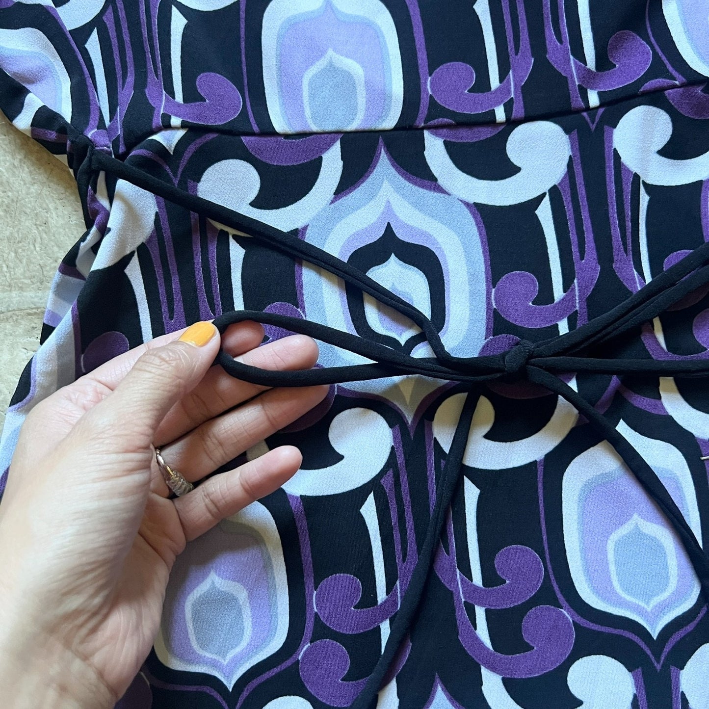 Vintage Y2K A. Byer Womens Babydoll Top Size L Black Purple Geometric Pattern Slinky Tie Back