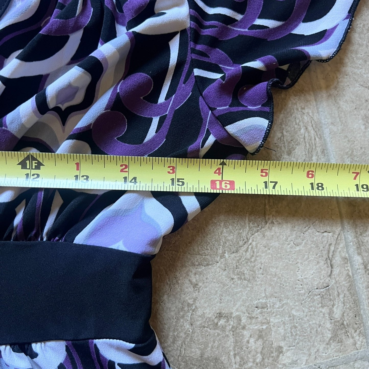 Vintage Y2K A. Byer Womens Babydoll Top Size L Black Purple Geometric Pattern Slinky Tie Back