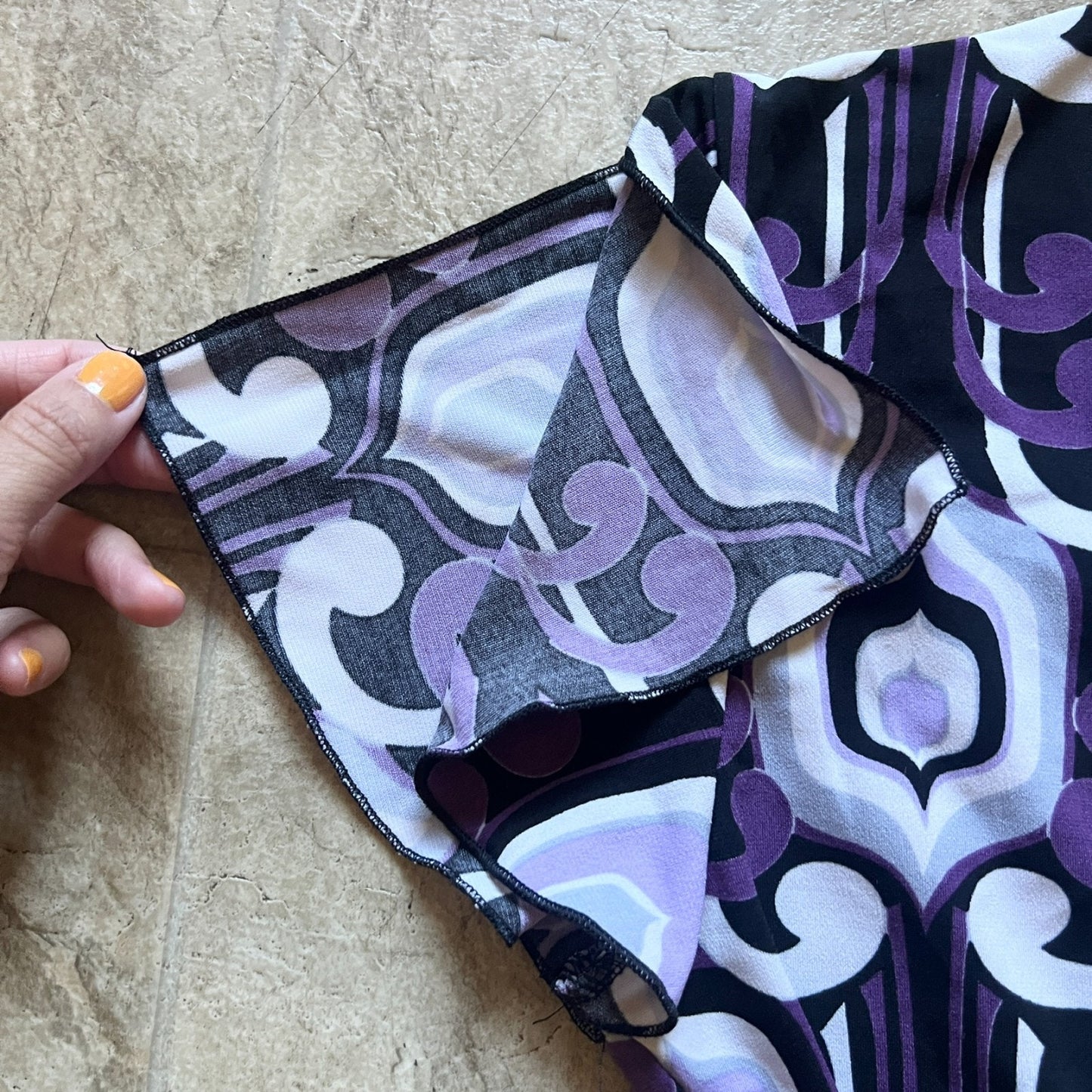 Vintage Y2K A. Byer Womens Babydoll Top Size L Black Purple Geometric Pattern Slinky Tie Back