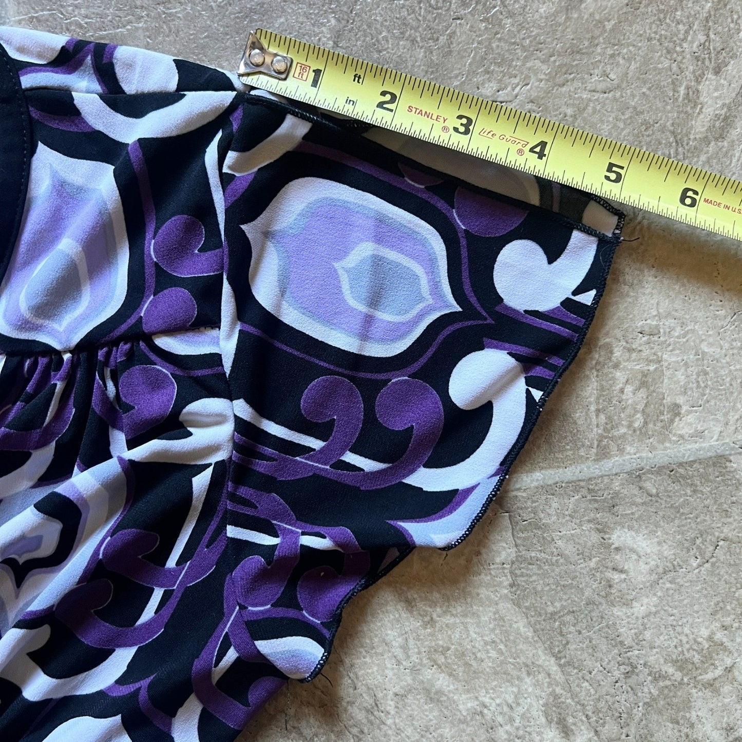 Vintage Y2K A. Byer Womens Babydoll Top Size L Black Purple Geometric Pattern Slinky Tie Back