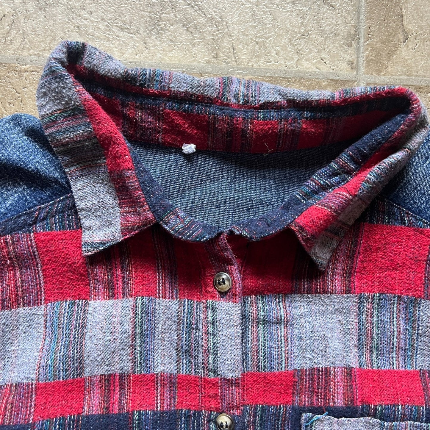 Womens Denim Flannel Shirt Red Blue Plaid Cabincore Camping Autumn
