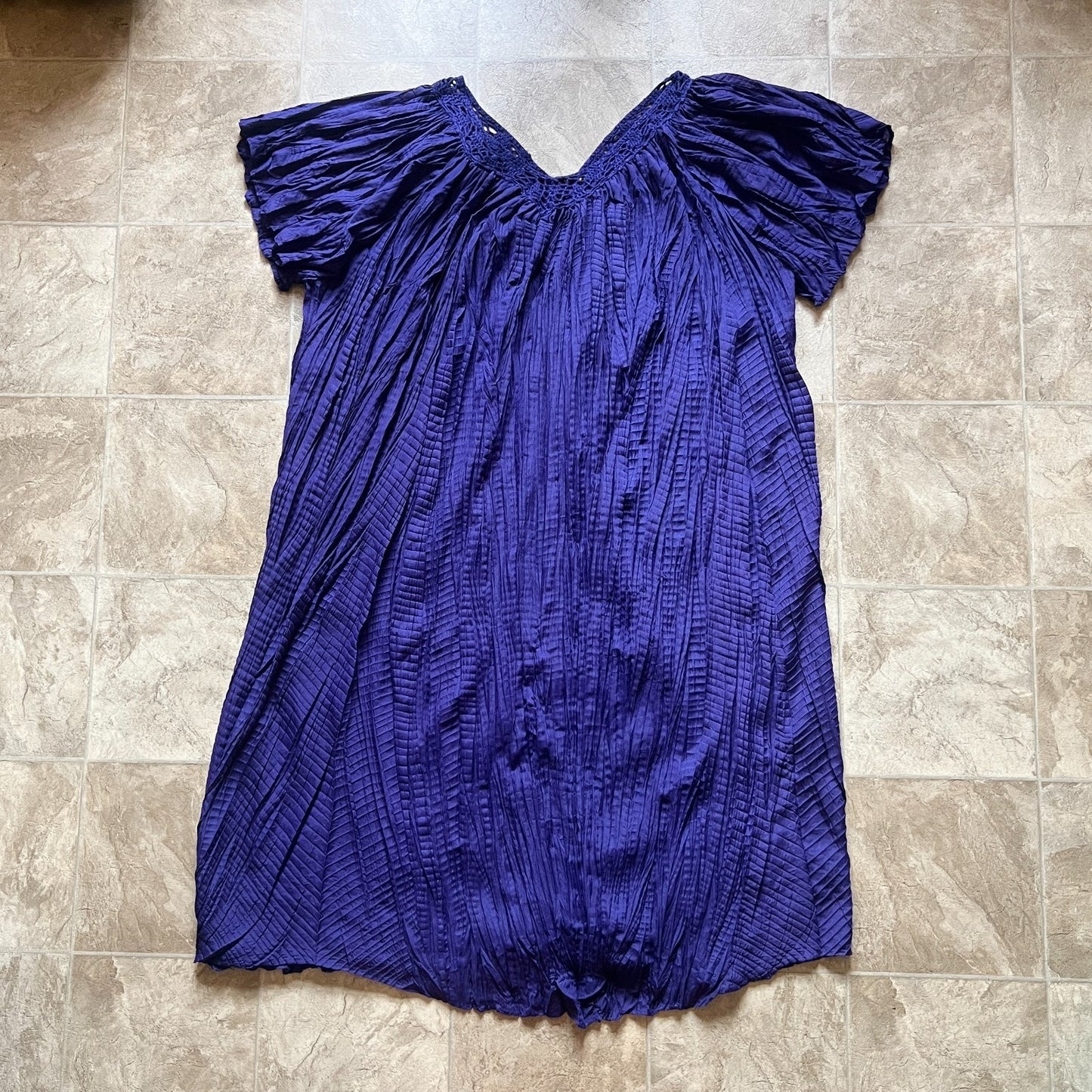 Vintage Bobbie Brooks Maxi Dress 3XL 22W Indigo Purple Crochet Neckline Crinkle Flowy
