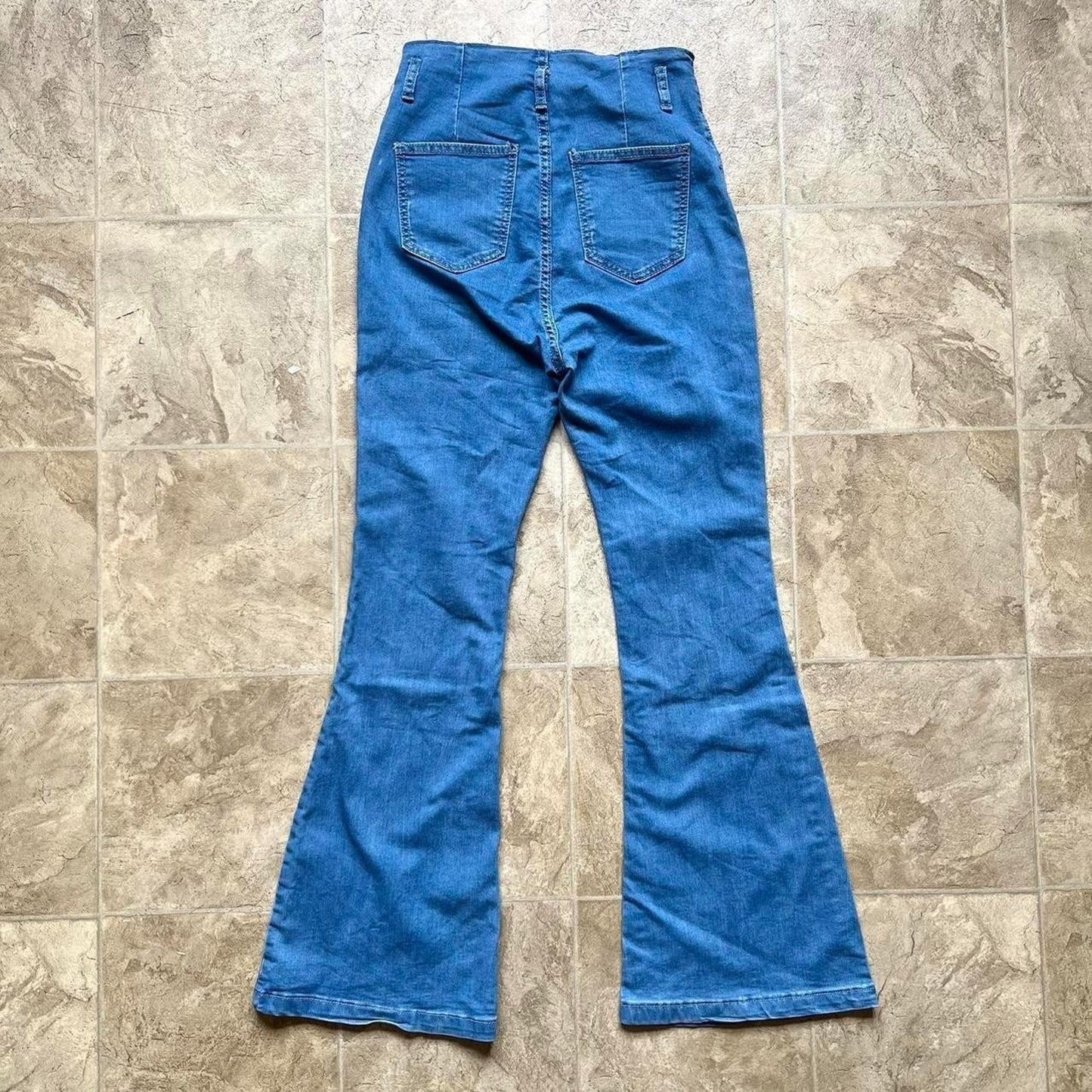 Womens Wide Leg Flare Jeans High Waisted Light Wash Stretchy 70s Inspired