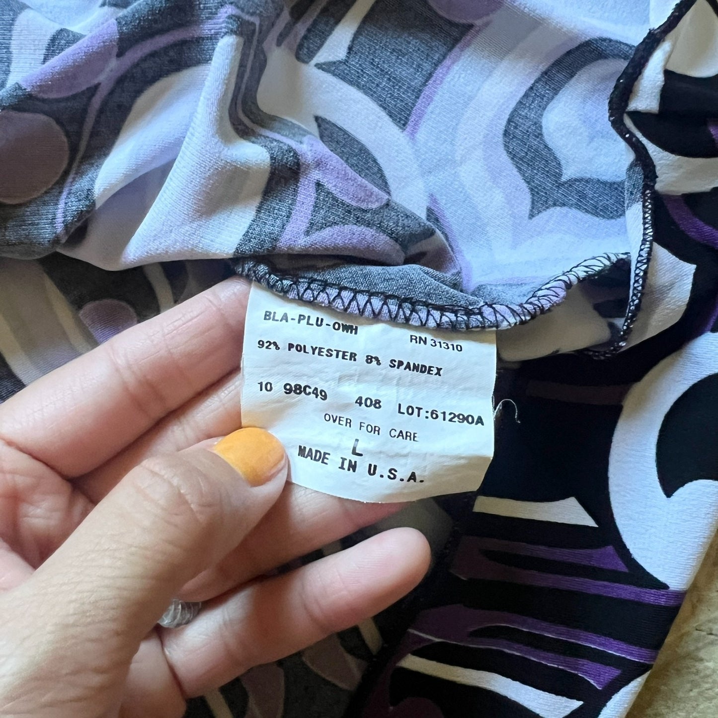 Vintage Y2K A. Byer Womens Babydoll Top Size L Black Purple Geometric Pattern Slinky Tie Back