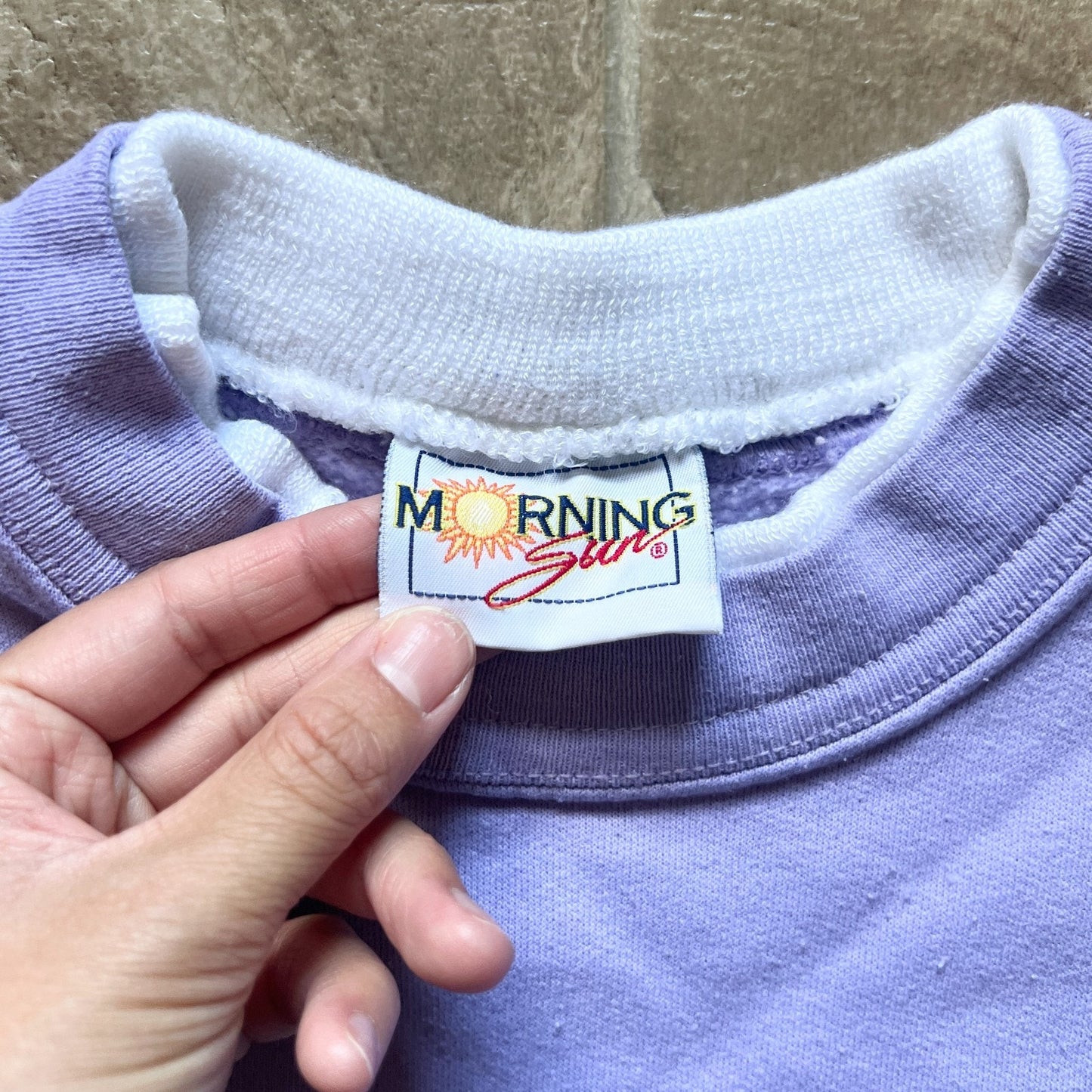 Vintage 90s Morning Sun Womens Sweatshirt Lilac Purple Rhinestones Faux Double Collar Winter Scenery