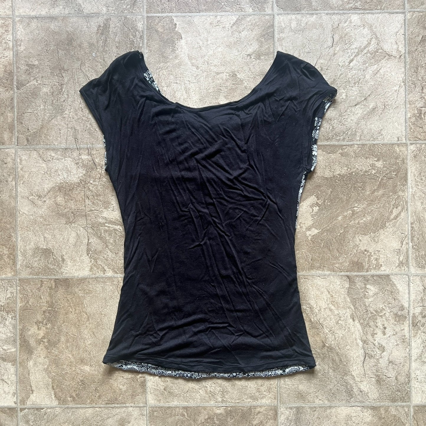 Vtg Y2K Panhandle Slim Top M Black Silver Floral
