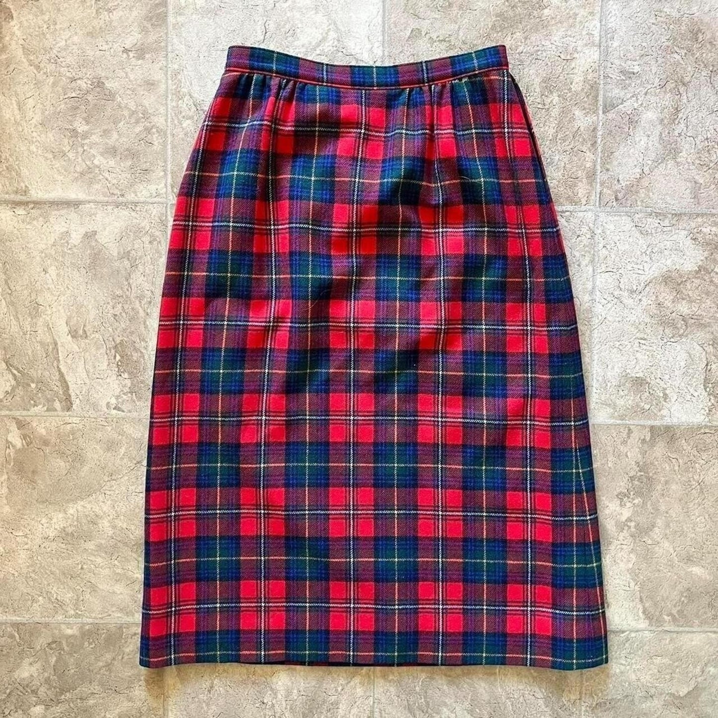 Vintage Pendleton Womens Tartan Plaid Midi Skirt Size 8 Pure Virgin Wool Red Blue Made in USA