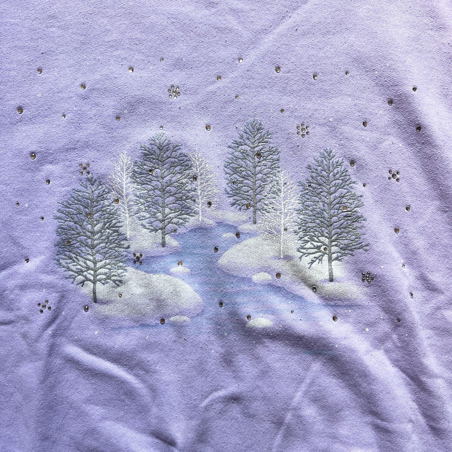 Vintage 90s Morning Sun Womens Sweatshirt Lilac Purple Rhinestones Faux Double Collar Winter Scenery