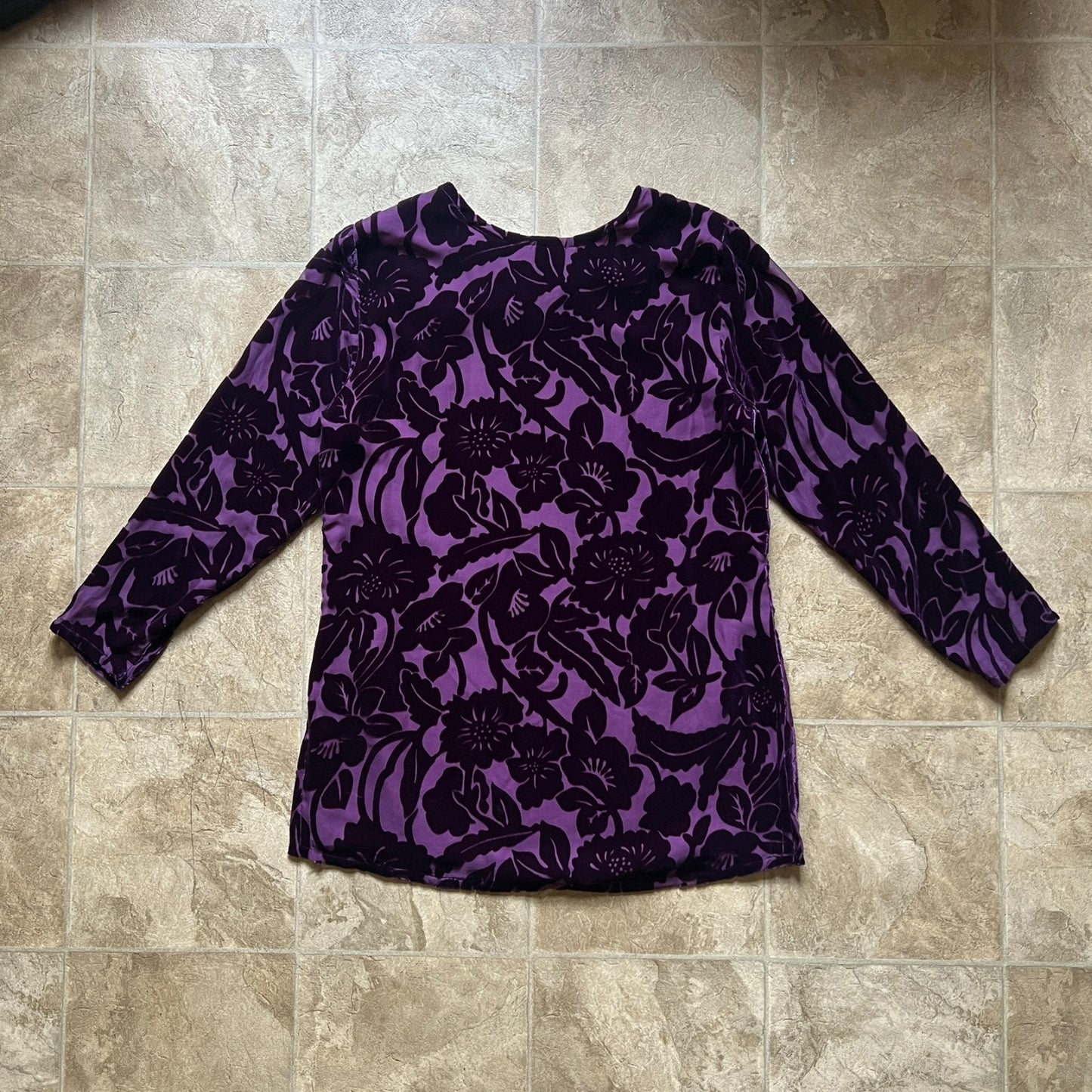 Silk Lore by Beth Terrell Womens Silk Top Size S Purple Velvet Burnout Floral