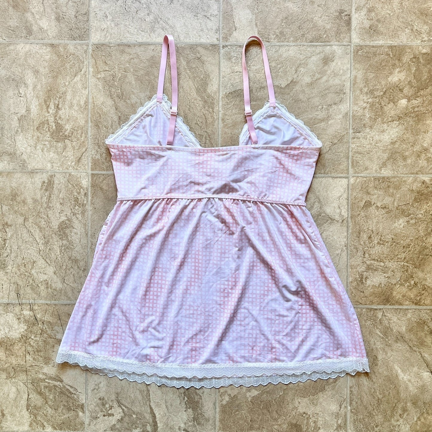 Marilyn Monroe Womens Babydoll Lingerie Tank Top Size XL Pink Plaid Lace Trim Bow Ribbon Sheer Y2K Coquette Soft Girl
