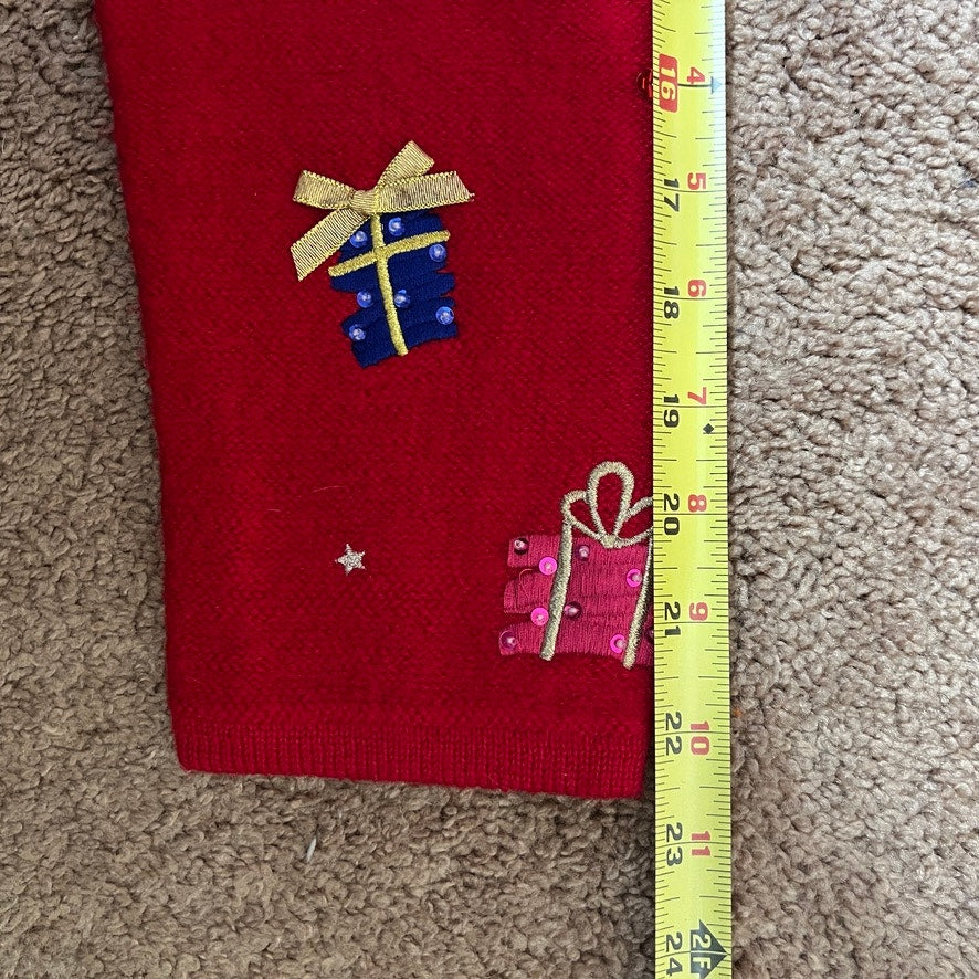 Vtg 90s Karen Scott Christmas Knit Jacket 100% Wool Red Multi-color Embroidered Presents Holiday Teacher Maximalist