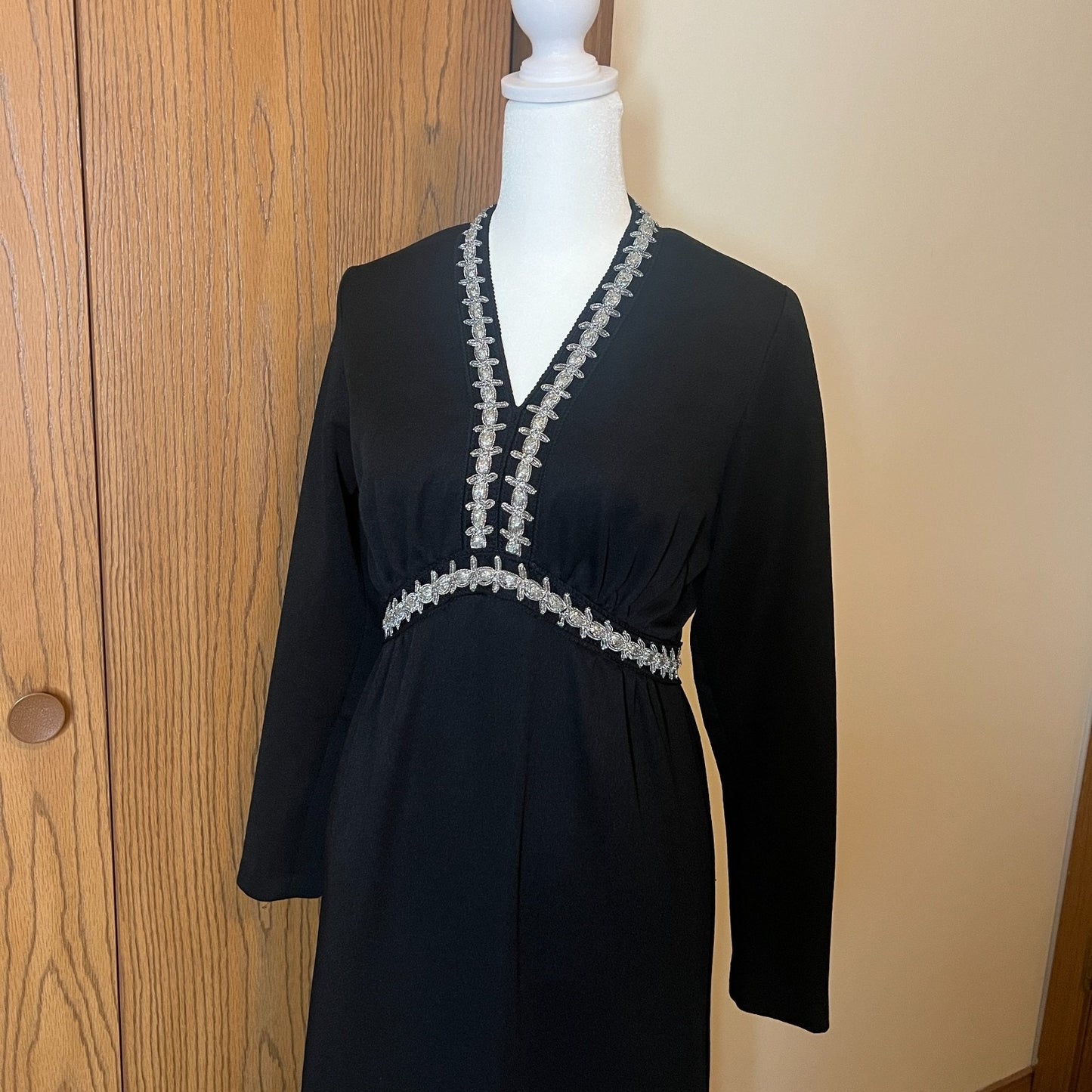 Vintage 70s Womens Black Maxi Dress Embellished Tinsel Empire Waist Witchy Whimsigoth