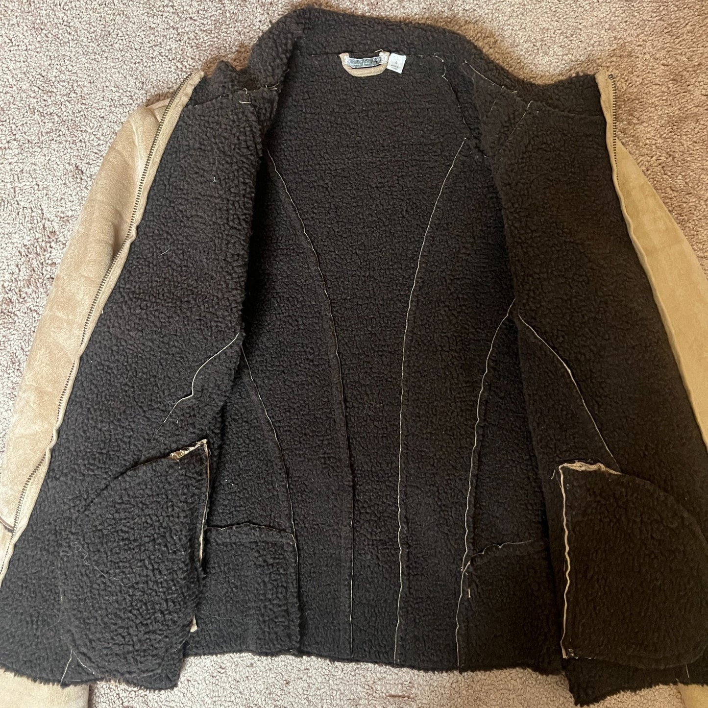 Vintage Y2K Population Womens Faux Suede Jacket Size L Tan Brown Sherpa Lining Full Zip Western Indie