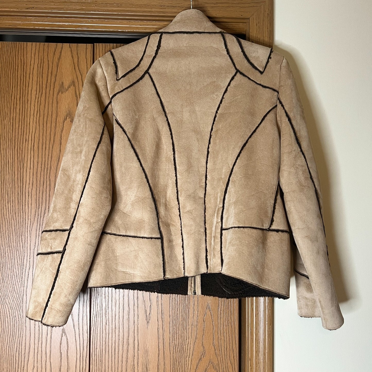 Vintage Y2K Population Womens Faux Suede Jacket Size L Tan Brown Sherpa Lining Full Zip Western Indie