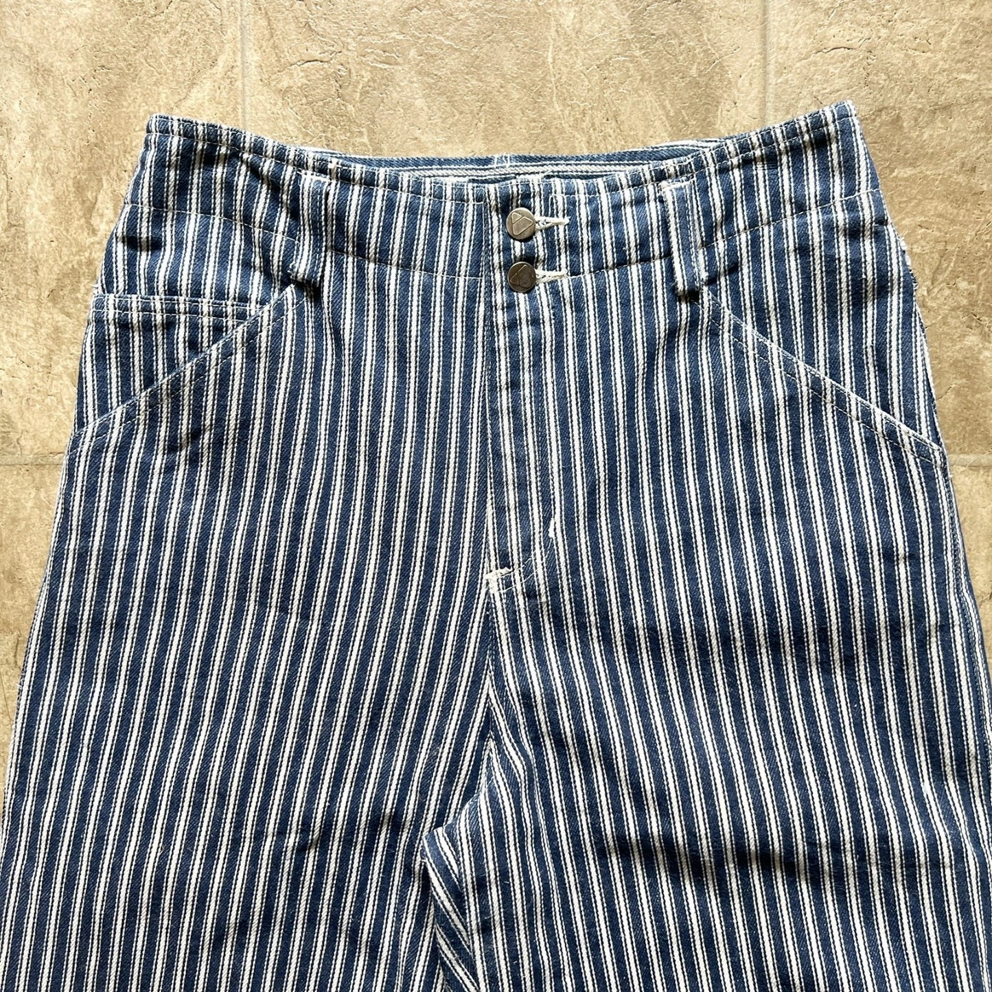 Vintage 90s Lizwear Womens Striped Denim Pants High Waisted Straight Leg Blue White Nautical Coastal