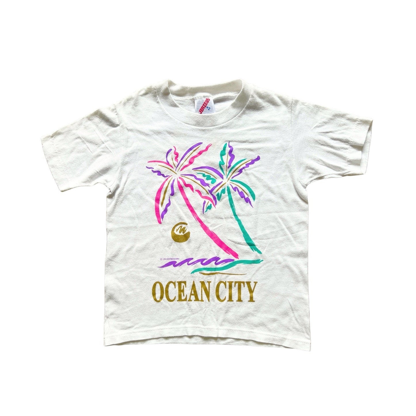 Vtg 90s Ocean City Kids T-Shirt S (6-8) Palm Tree Graphic Beach Resort Vacation