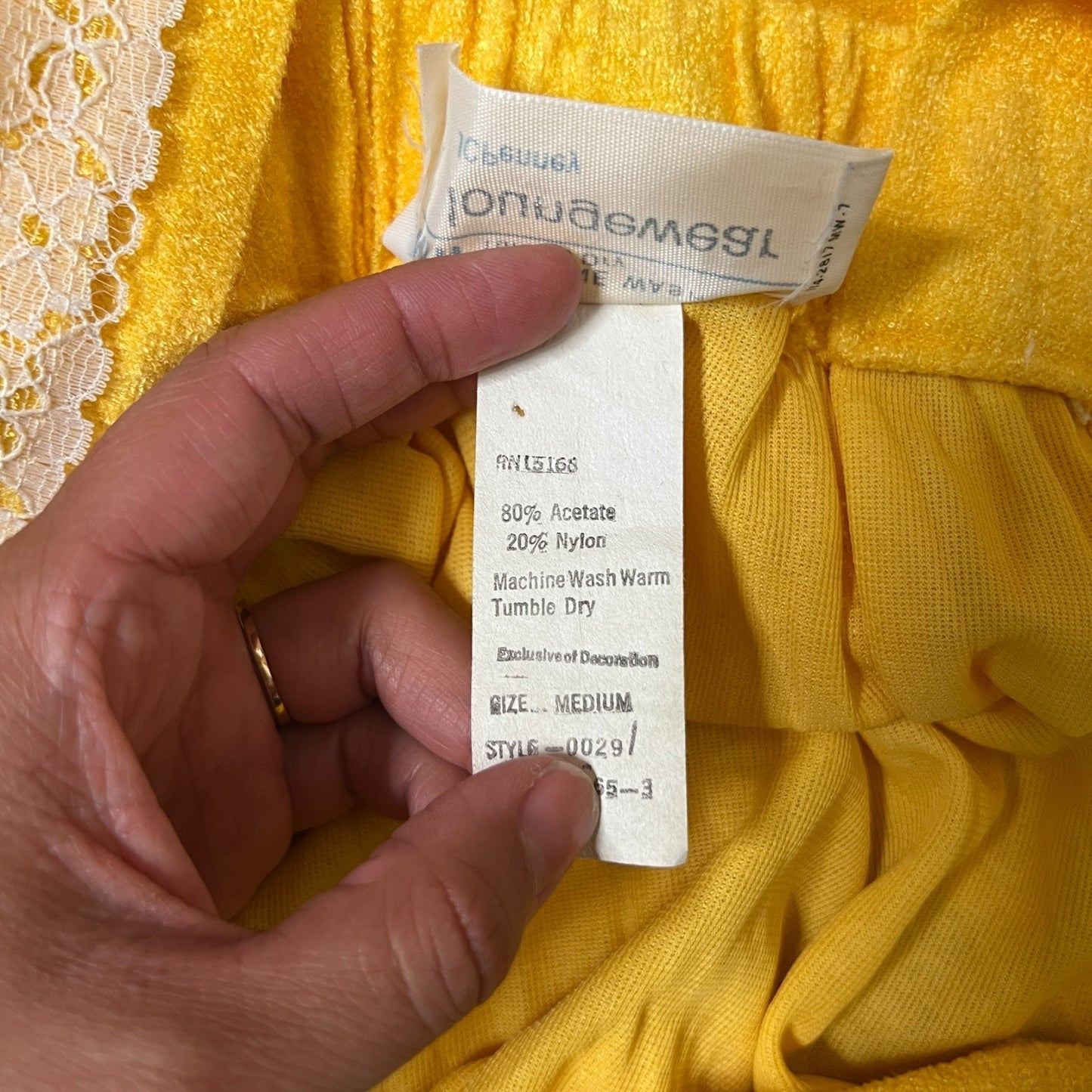 Vtg 70s JCPenney Terrycloth Lounge Dress M Yellow Lace Boho Mod Resort Summer