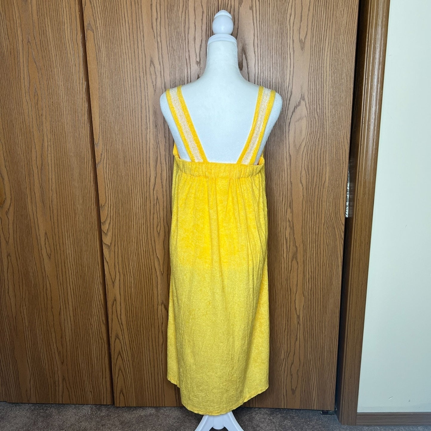 Vtg 70s JCPenney Terrycloth Lounge Dress M Yellow Lace Boho Mod Resort Summer
