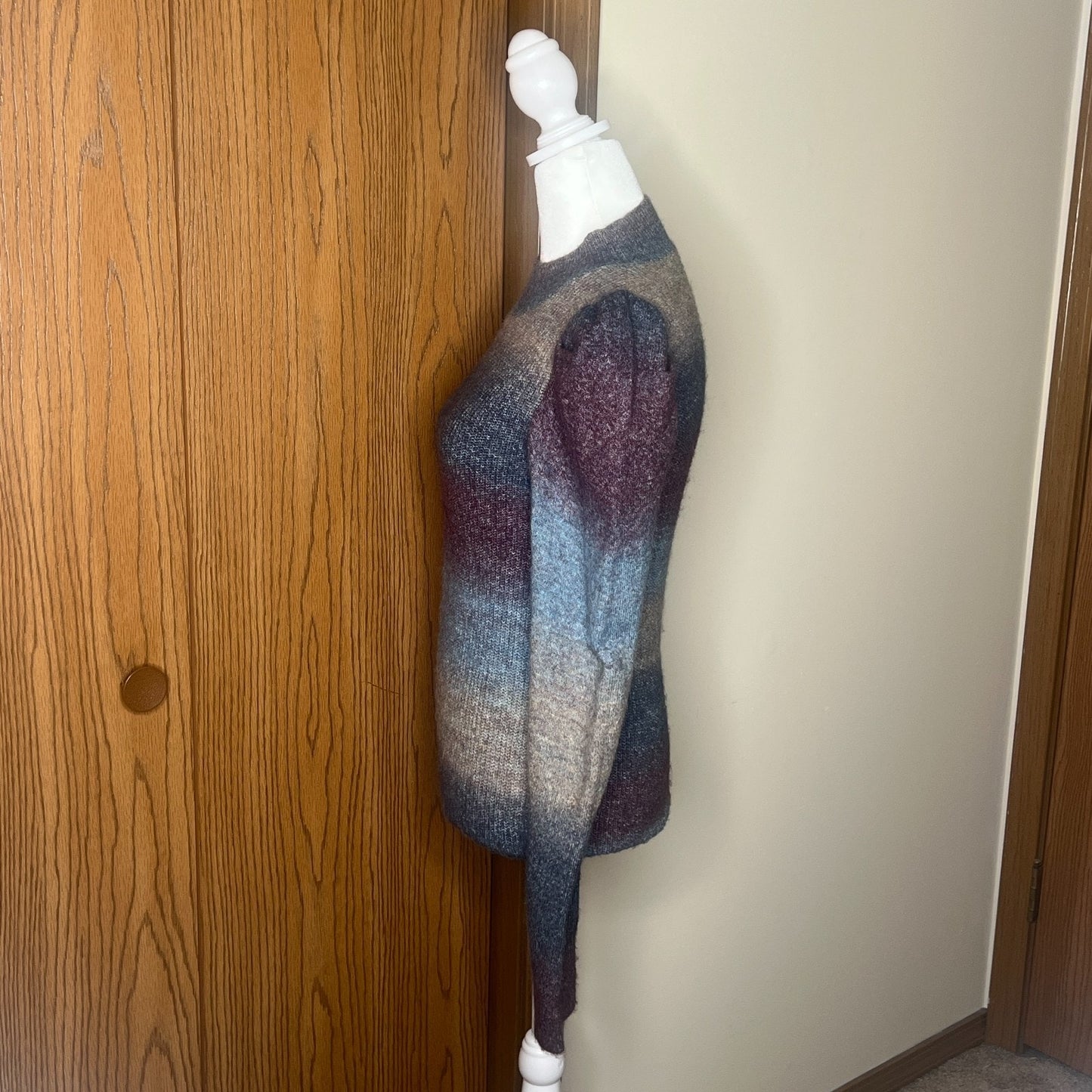 Womens Multi-color Ombre Mock Neck Sweater S Puff Sleeve Whimsigoth Twee Cozy